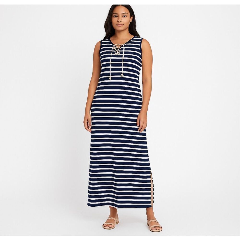 Womens Summer Boho Maxi Dress Tribal femme Size XS Navy Stripe Gold Tie Tassel